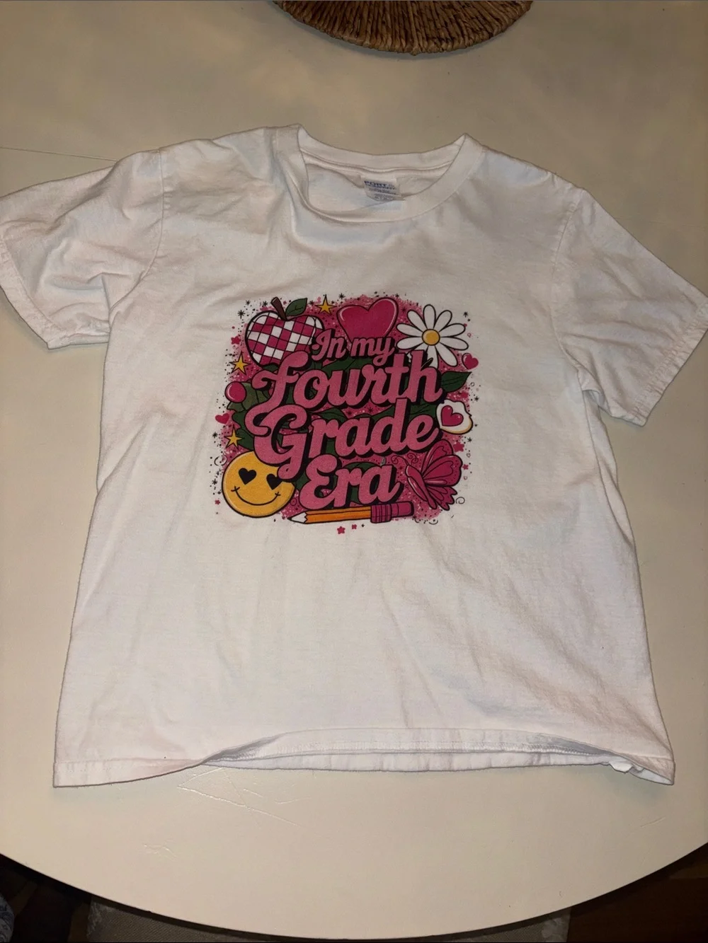 Girls' White Short Sleeve Tee - Pink 